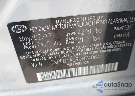 2013 Hyundai Sonata Gls z USA, uszkodzony, nr VIN 5NPEB4AC9DH740641
